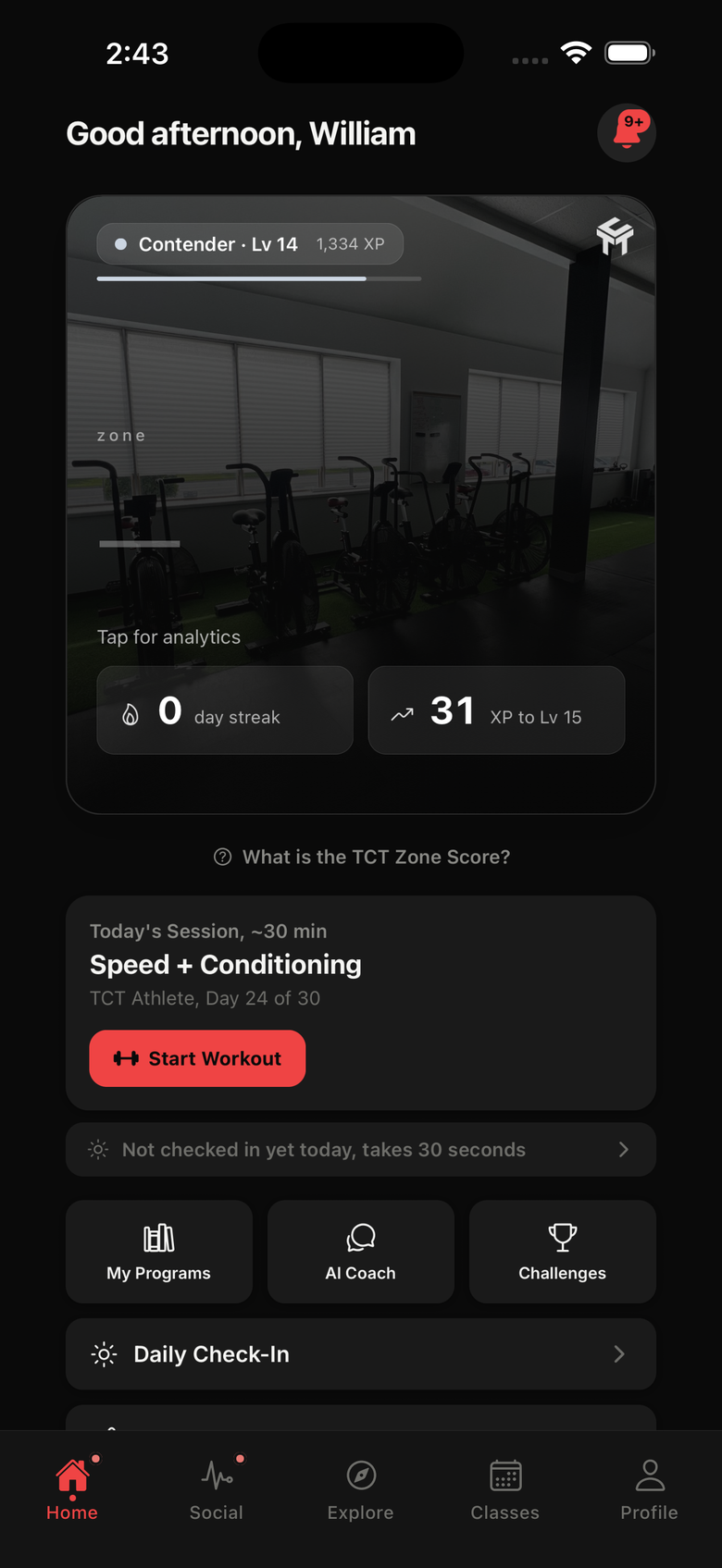 TCT Gym app home screen